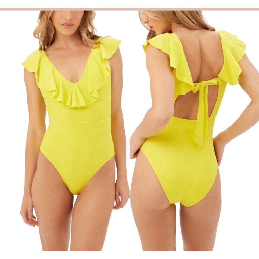 Trina Turk One Piece Swimsuit Women 8 Yellow Palm Print Ruffle V-Neck Tie Back
